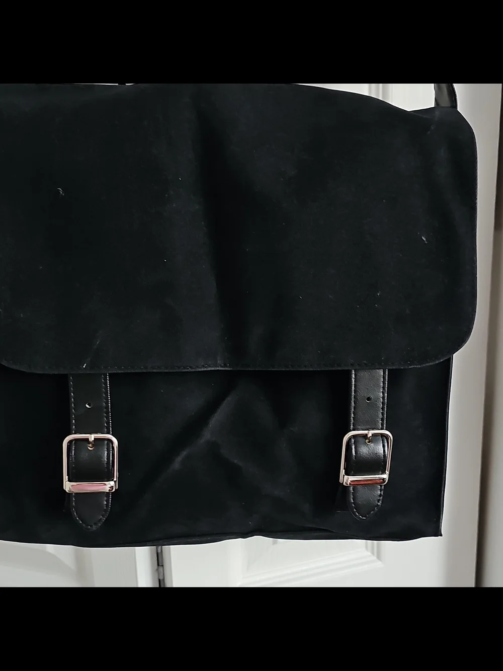 HUGO Black Suede Messenger Bag with Buckle Straps